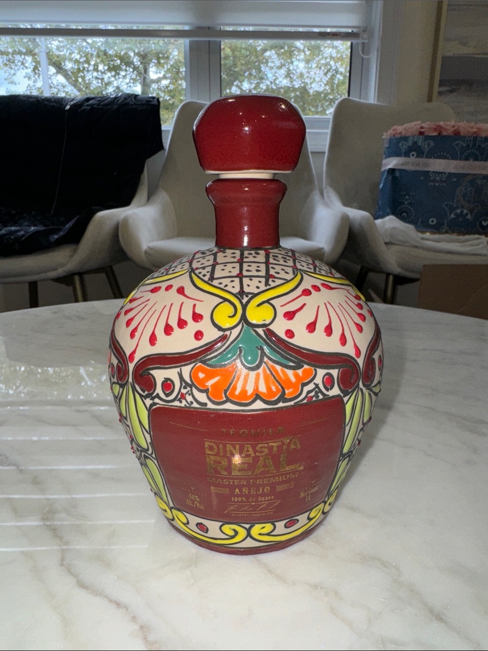Empty Dinastia Real Master Premium AΓ±ejo Tequila hand painted ceramic bottle